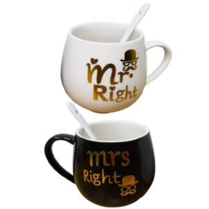 סט 2 ספלים לזוגות Mr.Right/Mrs.Right - עם כפיות